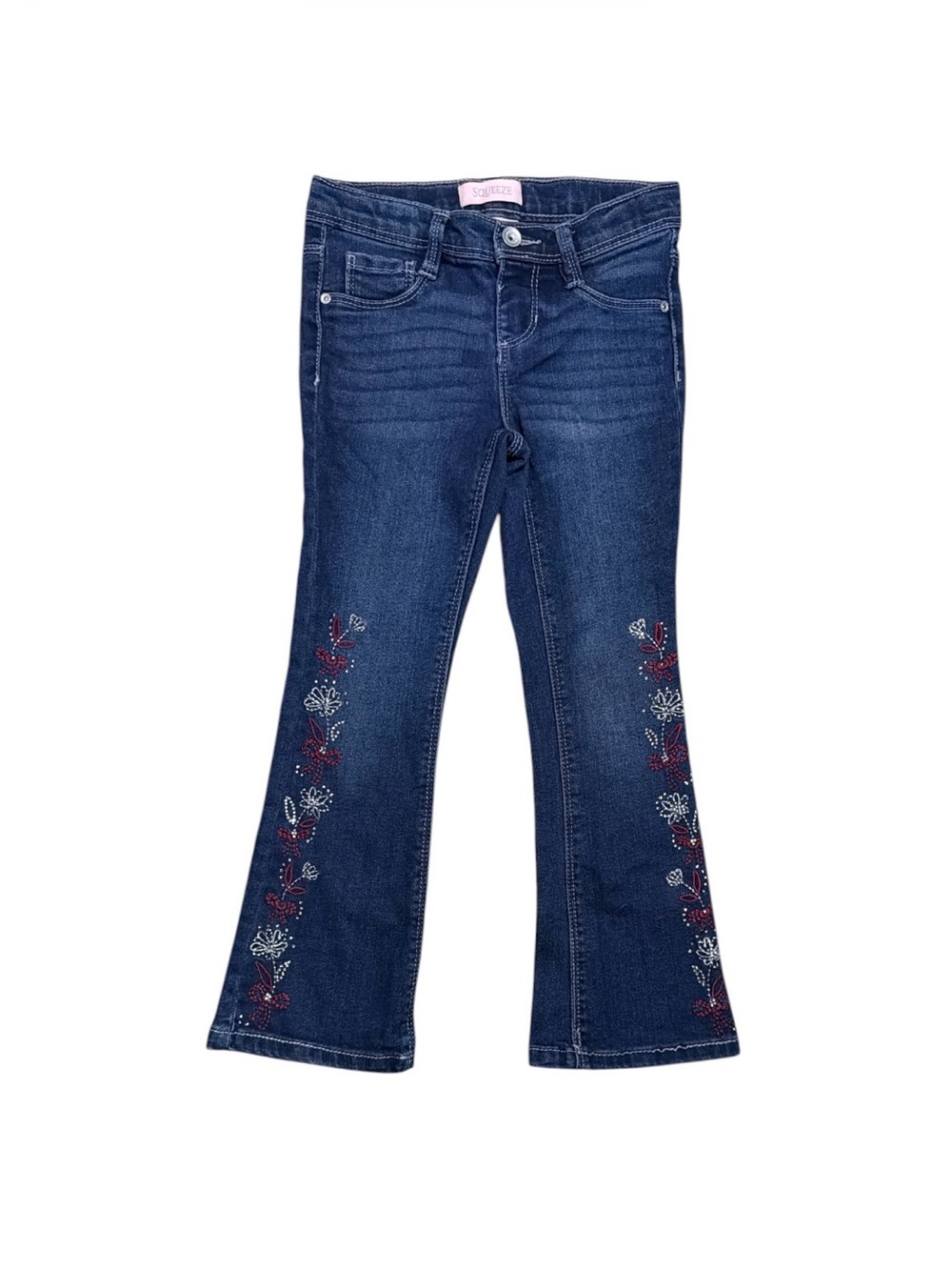 Squeeze Girls Size 5 Embellished Bootcut Jeans Dark Wash Floral Stretch Denim